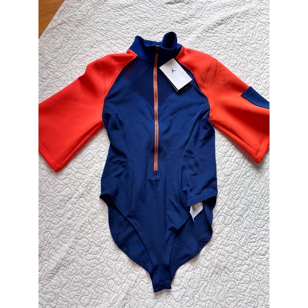 Jordan Brand Women Blue Orange Colorblock Half Zip Mesh Back Bodysuit Medium
